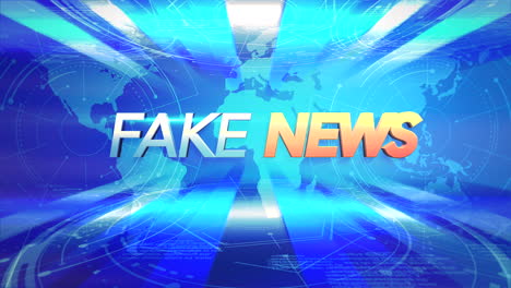 texto de animación noticias falsas y gráfico de introducción de noticias con líneas azules y mapa mundial en el fondo abstracto del estudio
