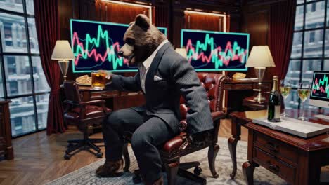 bear businessman celebrating stock market success