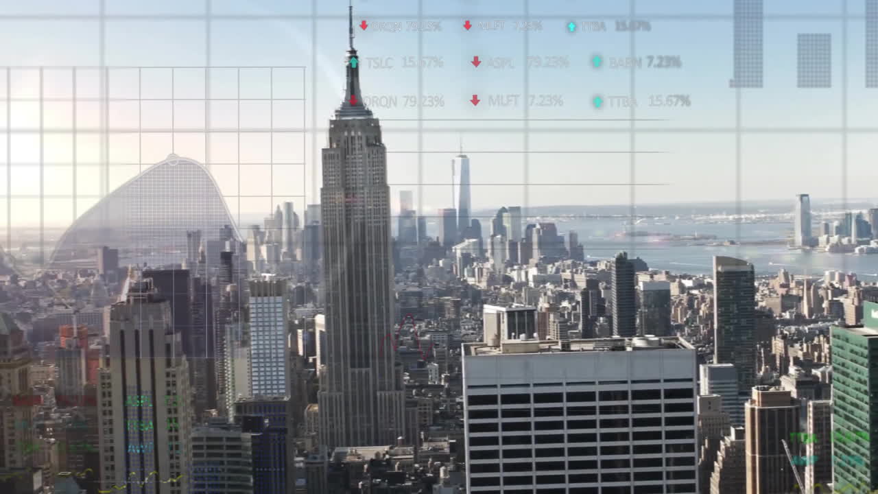 Financial data and stock market animation over New York City skyline