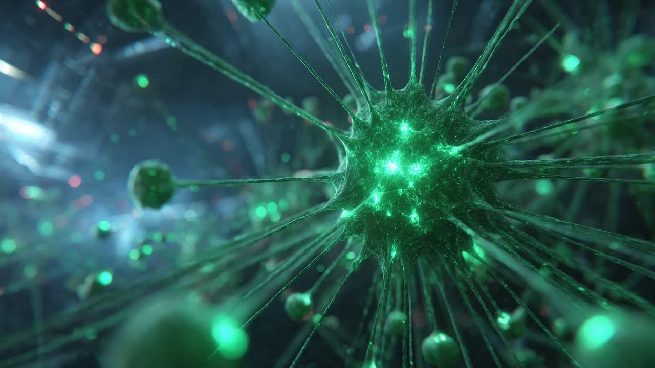 Exploring the Intricate World of Microbial Life: A Close-Up View of Green Microorganisms in a Complex, Dynamic Environment Full of Energy and Movement