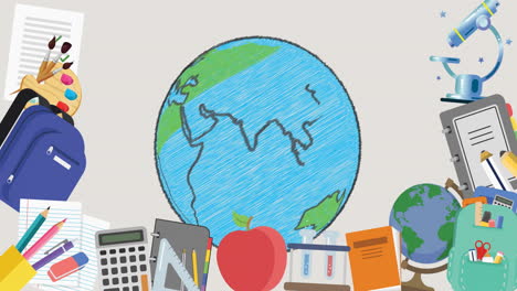 animation of school items icons over globe