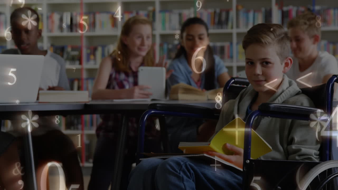 Schoolchildren studying while numbers and symbols move