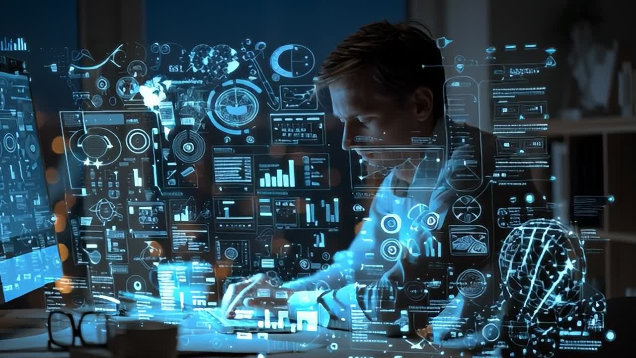 Professional analyzing data at night with futuristic visuals around him