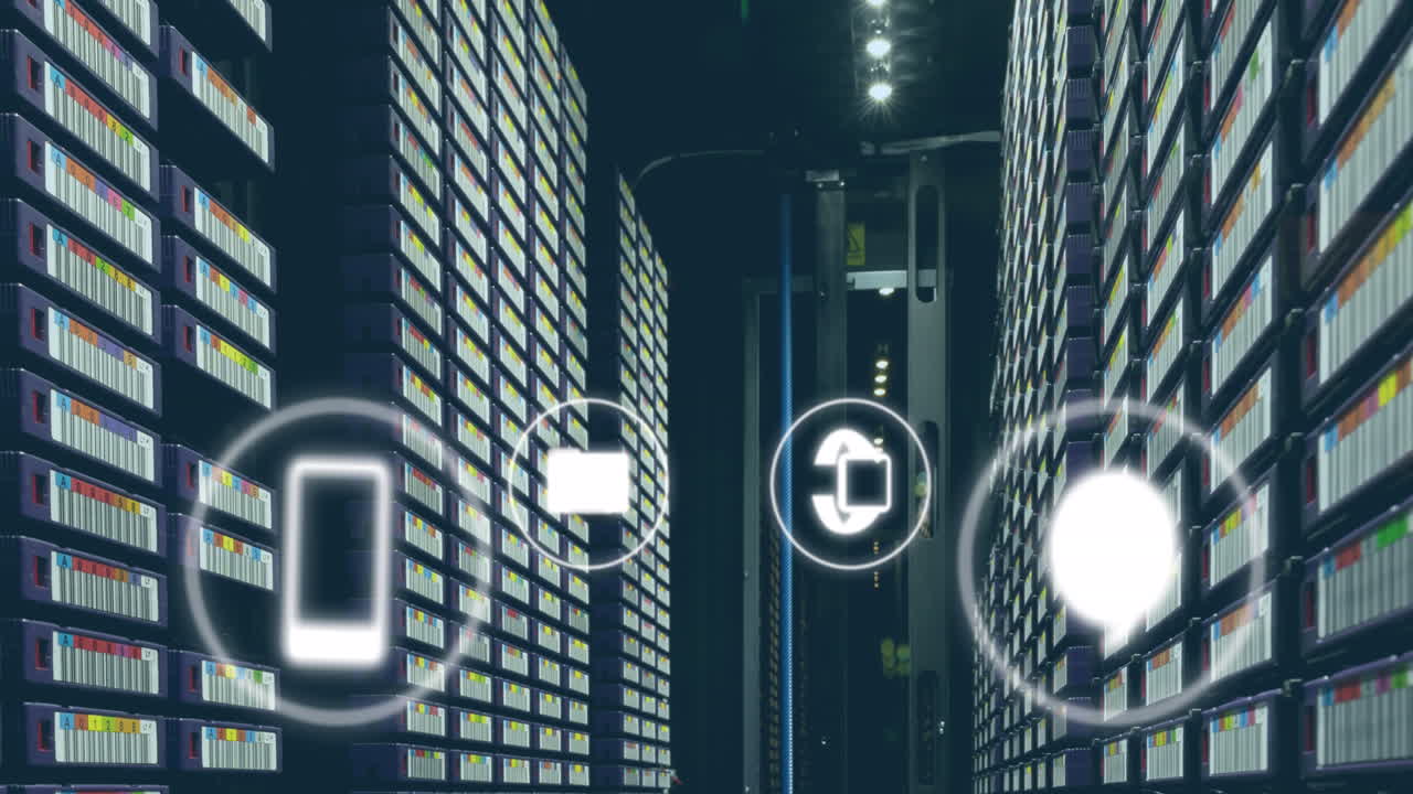 Animation of media icons over server room