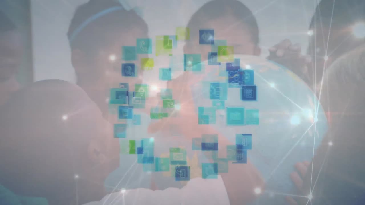 교실에서 다양한 학생들과의 아이콘과의 연결 네트워크의 애니메이션