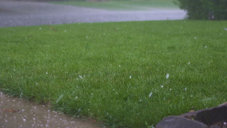 Wetterhagel-Fällt-Auf-Grünen-Rasen-Und-Straße