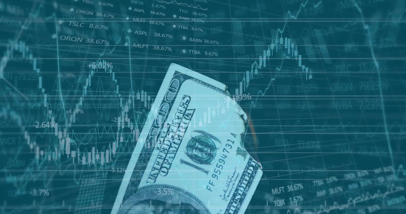 Amerikansk dollarseddel overlejret med finansielle aktiemarkedsdata