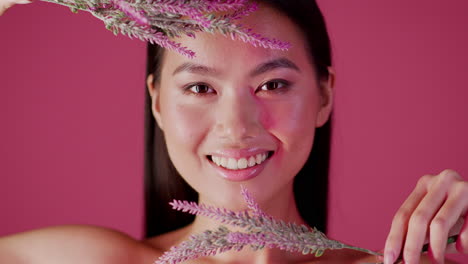 smiling woman with lavender flowers