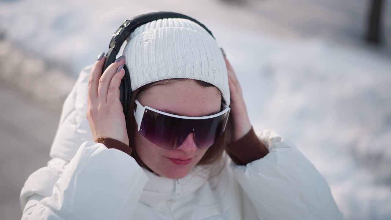 Young girl wearing white beanie and coat grooves to music under bright winter sun while adjusting over ear headphones with joyful nod and smile on snowy urban plaza, painted nails tapping under sky