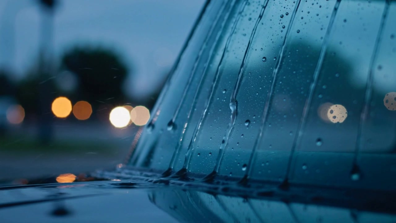Showing car windshield and hood with light drops forming streaks on street at dusk