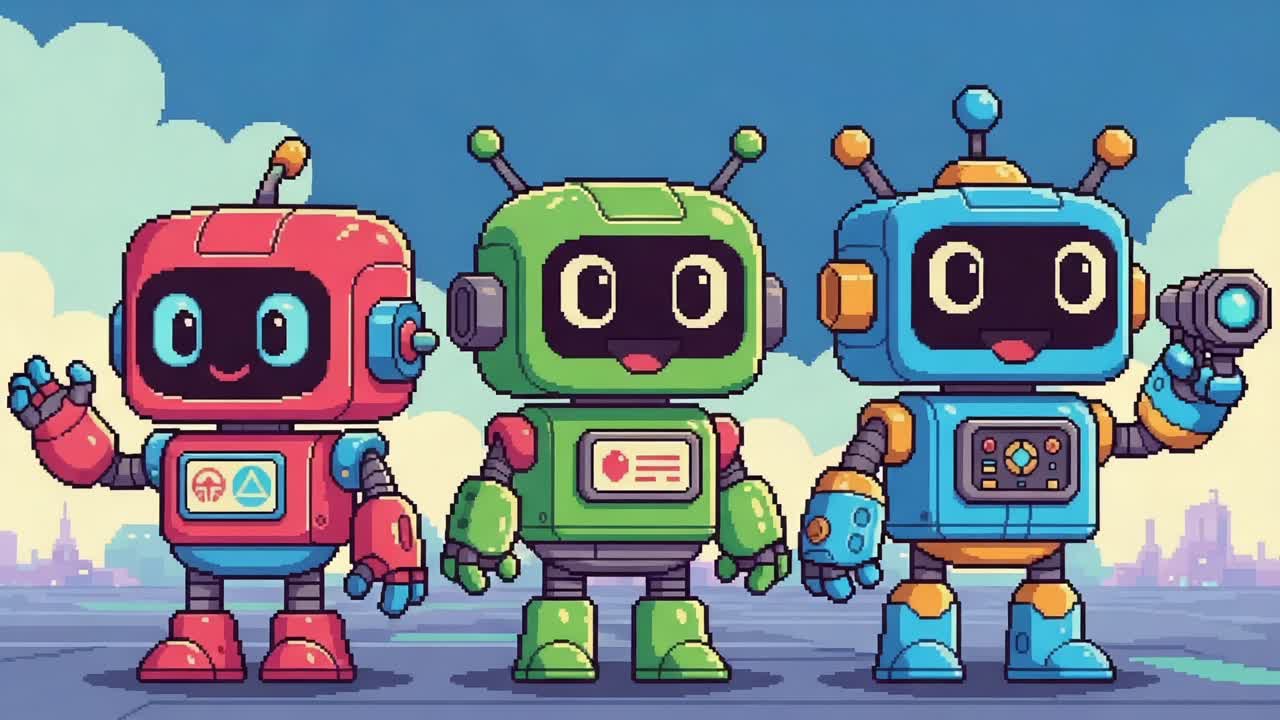 Playful Retro-Inspired Robots with Distinct Features and Colorful Designs Engage in a Whimsical Scene, Capturing the Imagination in a Vibrant Pixel Art Universe