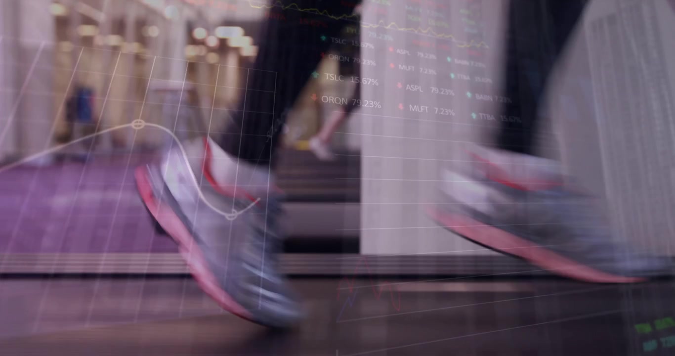 Animation of graphs over legs of caucasian woman exercising at treadmill