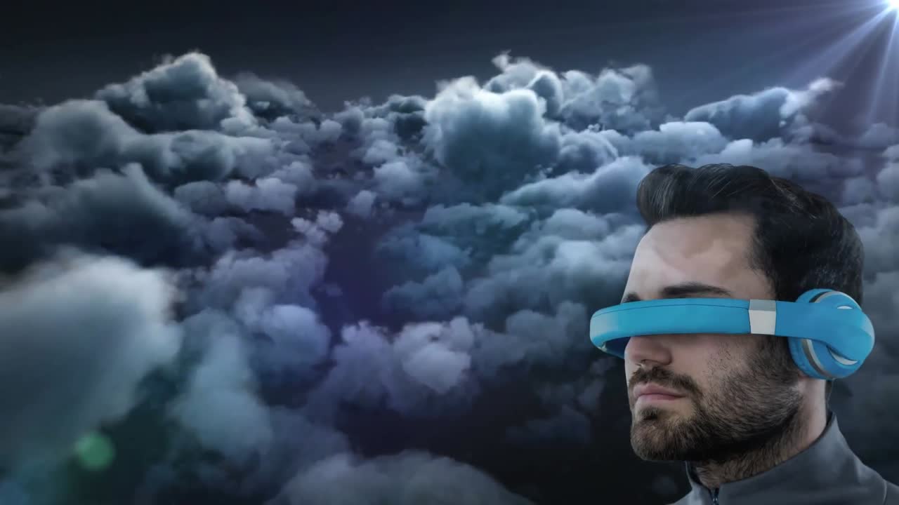 animación de un hombre con auriculares vr contra el cielo con nubes