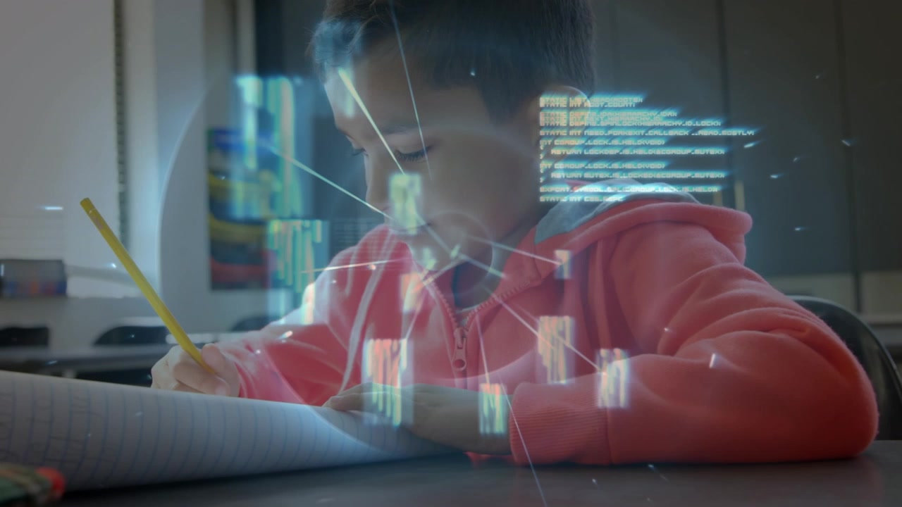 Animation of data processing over caucasian schoolboy