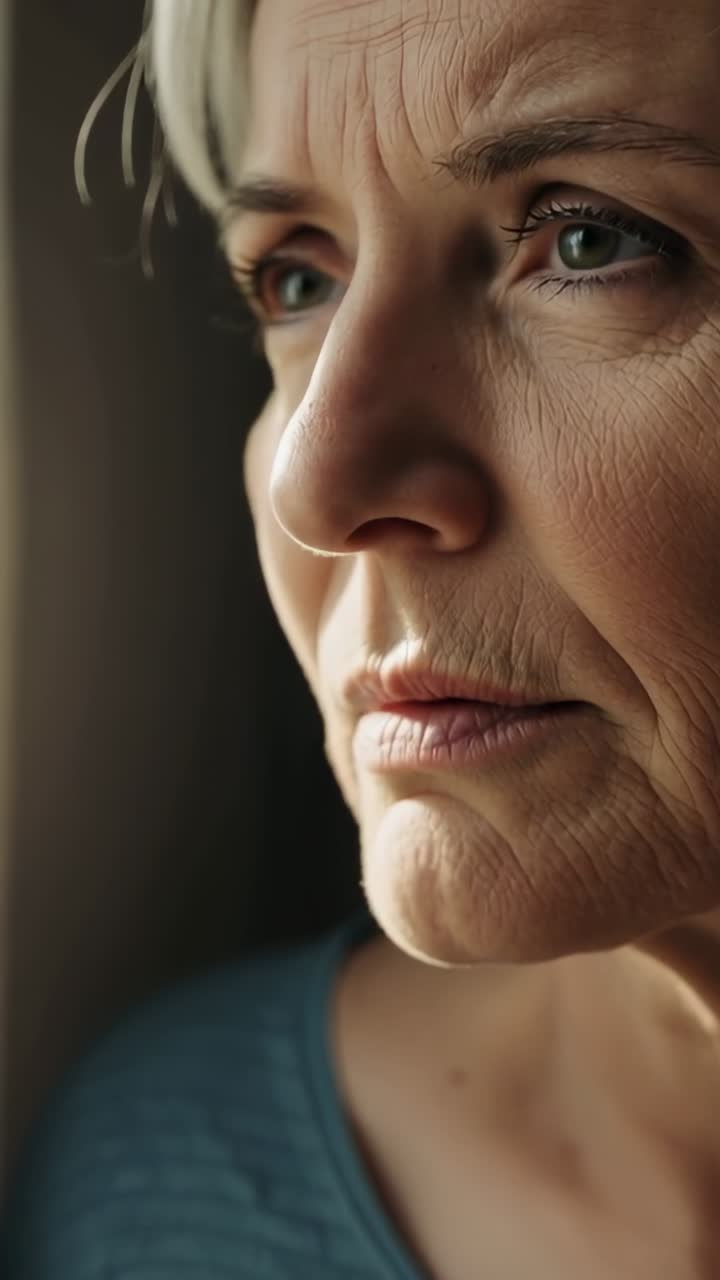 Video verticale: Notando la luce dalla finestra, una donna anziana alza lo sguardo, socchiudendo gli occhi vicino alla finestra, con un top color verde acqua