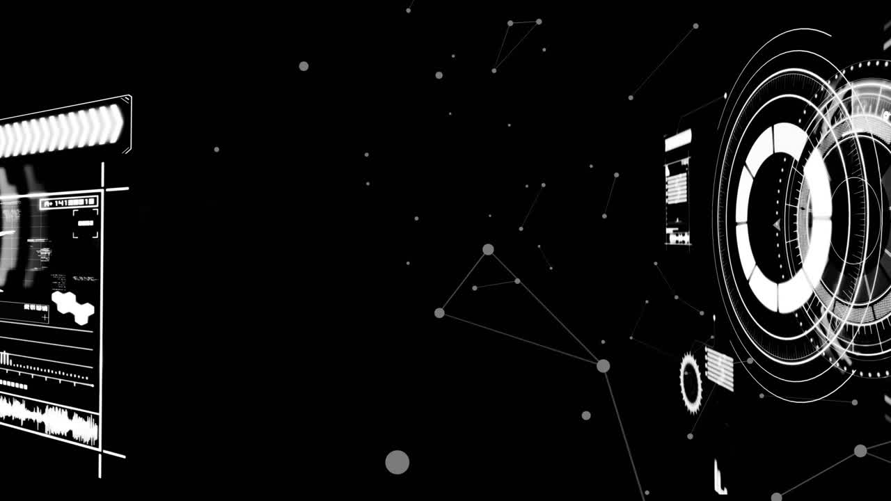 Digital animation of network of connections over scope spinning on black background