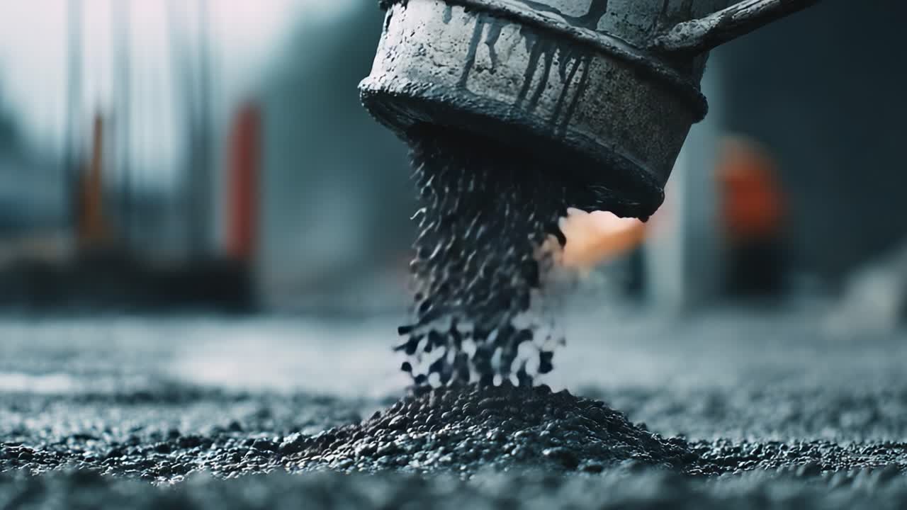 A close-up view of asphalt being poured from a metal bucket onto a construction site, showcasing the texture and detail of the dark material as it settles on the ground