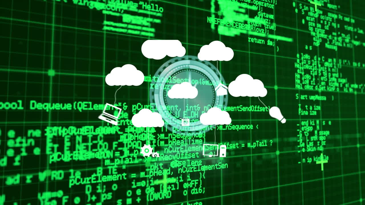 animação de nuvens com ícones sobre relógio em movimento e processamento de dados