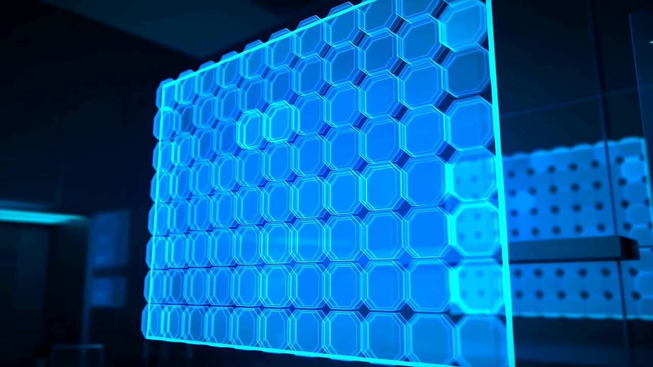 Glowing blue hexagonal interface panels illuminate a dark modern control space with blurred screens in the background, creating a sleek futuristic technology