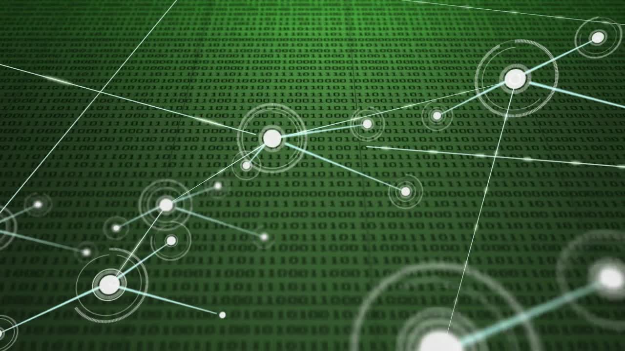 바이너리 코드와 함께 녹색 배경에 아이콘으로 연결 네트워크의 애니메이션