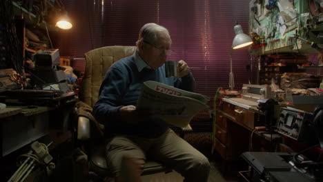 Elderly-man-reads-newspaper-and-drinks-from-cup-in-cluttered-room