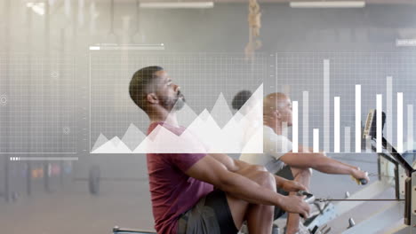 animation of financial data processing over diverse people using indoor rower on gym