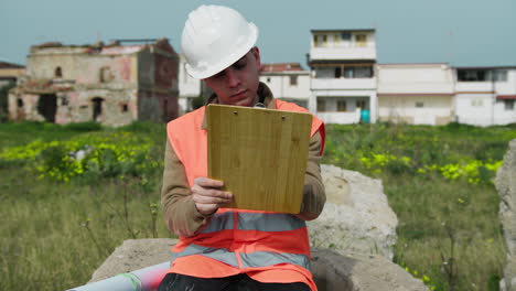 engineer outdoor sitting on a rock and taking notes