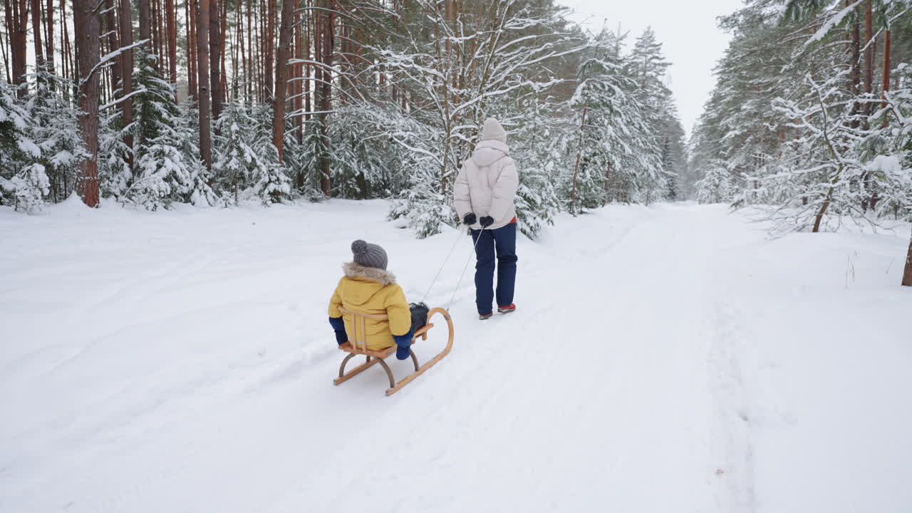 una joven madre y su hijo se divierten en invierno en el bosque en trineo a cámara lenta. mamá feliz de paseo con su hijo en un bosque nevado