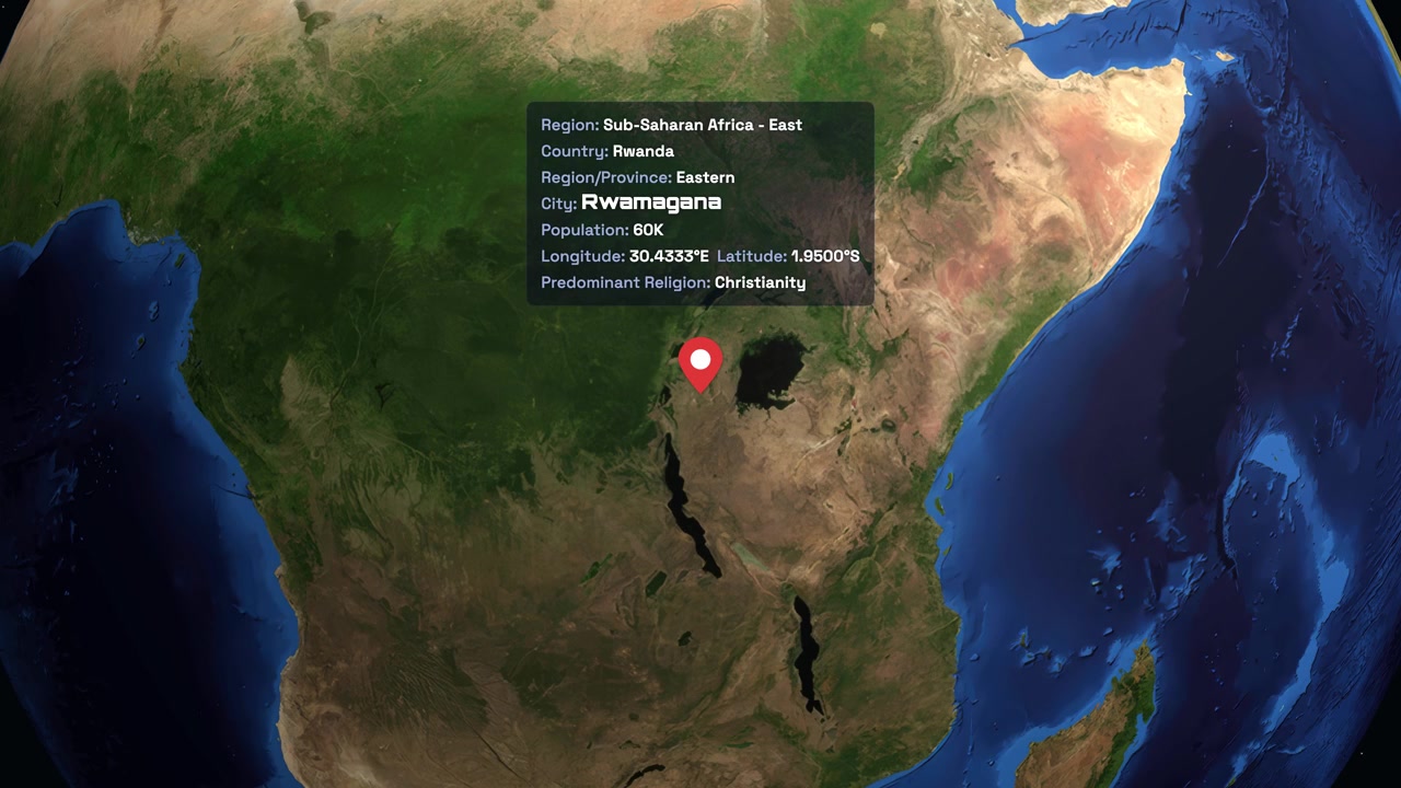 Digital globe rotates and zooms into Rwanda, highlighting Rwamagana with a red location pin