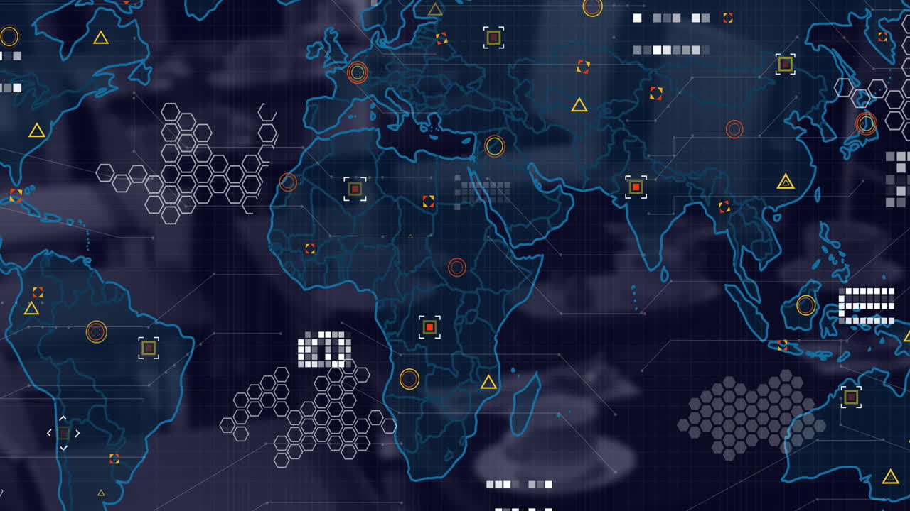 Animation of world map with data processing over dark background