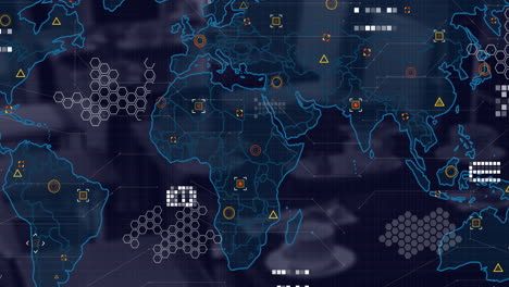 animación del mapa del mundo con procesamiento de datos sobre fondo oscuro
