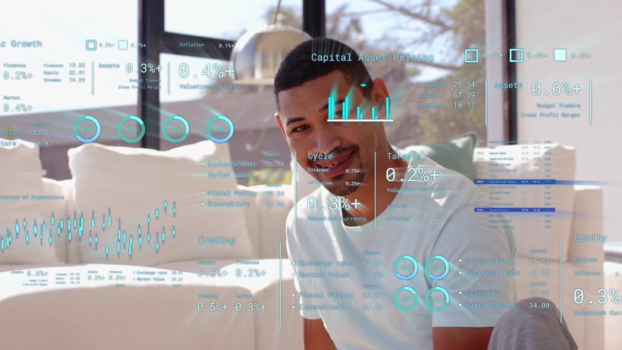Man sitting on mat tapping phone and viewing floating HUD charts with percent gauges for finance