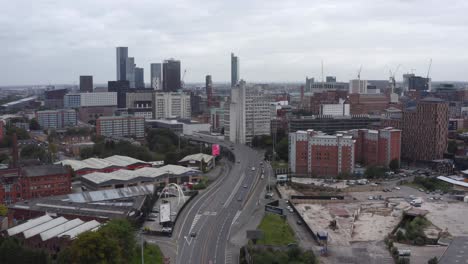 drone shot panning across buildings in manchester city centre