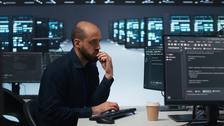Engineer writing code in high tech facility with server rows