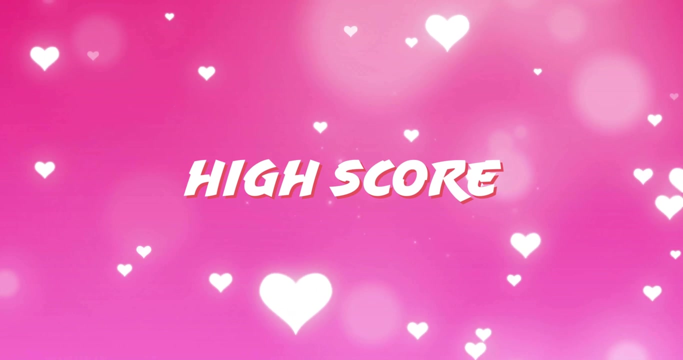 Telecamera che si allontana rivelando il testo HIGH SCORE con bordo rosso, cuori fluttuanti che pulsano celebrando il punteggio.