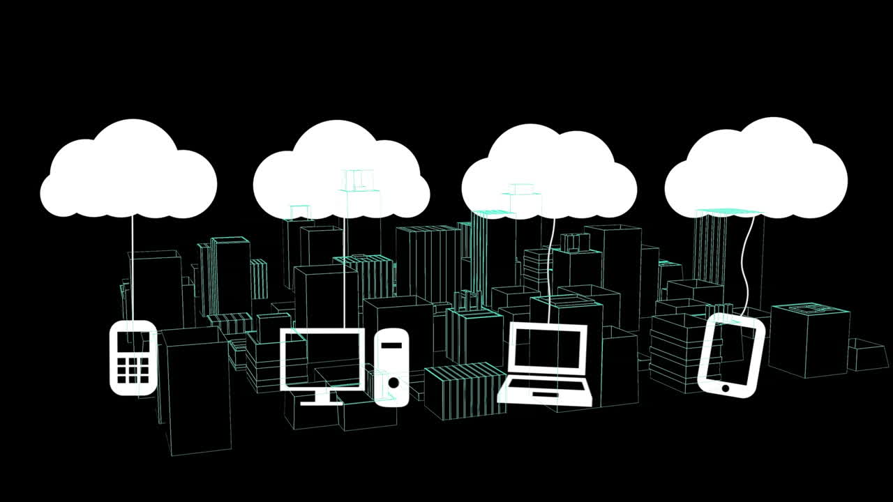 Animation of digital clouds and icons over 3d drawing of cityscape on black background
