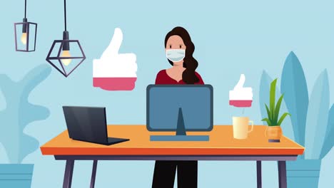 digital animation of thumbs up icon against woman wearing face mask icon using computer