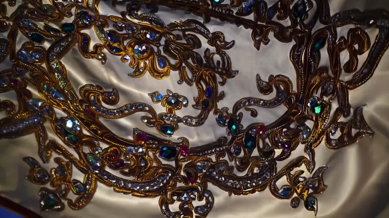 una lujosa bandera, adornada con bordados de oro y gemas preciosas, ondea con gracia contra un vibrante cielo azul, iluminado por el radiante sol