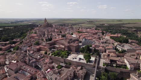 aerial view of segovia cityscape with the famous aqueduct and cathedral