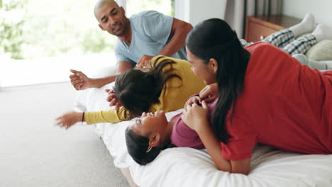 home bed, tickle and happy family laughing