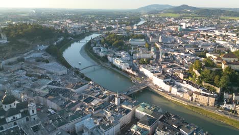 High-Aerial-View-Above-Salzburg,-Austria-on-Beautiful-Summer-Day