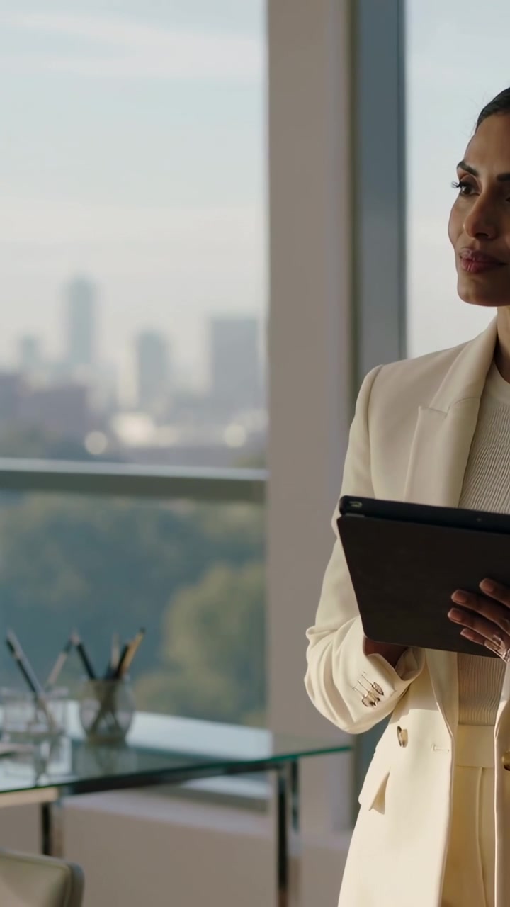 Vertikal video: Kvinde i blazer tapper på tablet på kontor efter kollegialt opkald, med plads til tekst.