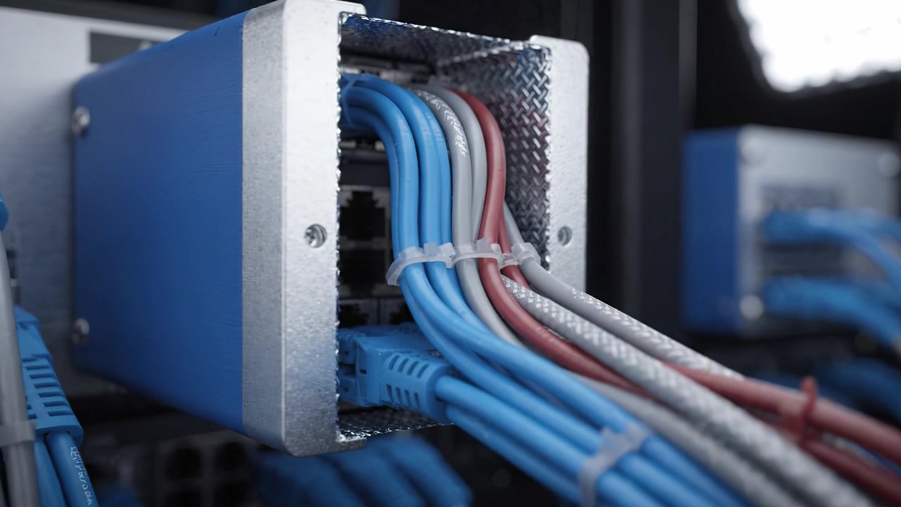 Detailed Overview of Networking Equipment with Blue and Gray Cables in a Server Rack, Highlighting Data Connectivity and System Organization