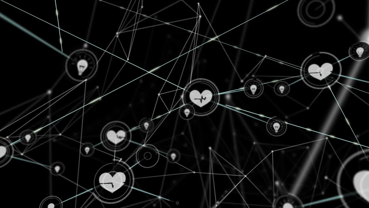 animación de la red de conexiones con iconos en fondo negro