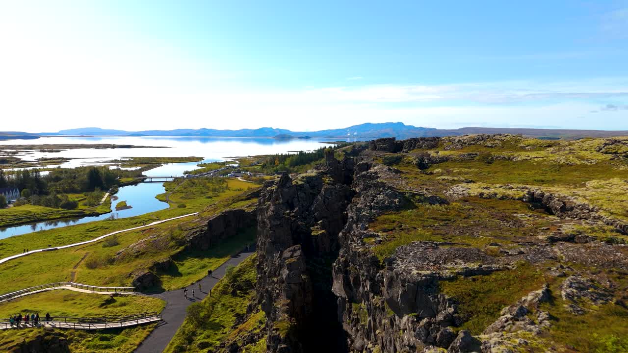 Aerial establishing shot of the popular tourist location Thingvellir ridge