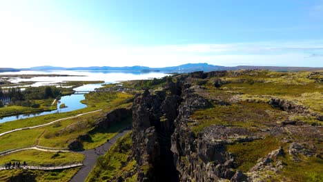 aerial establishing shot of the popular tourist location thingvellir ridge