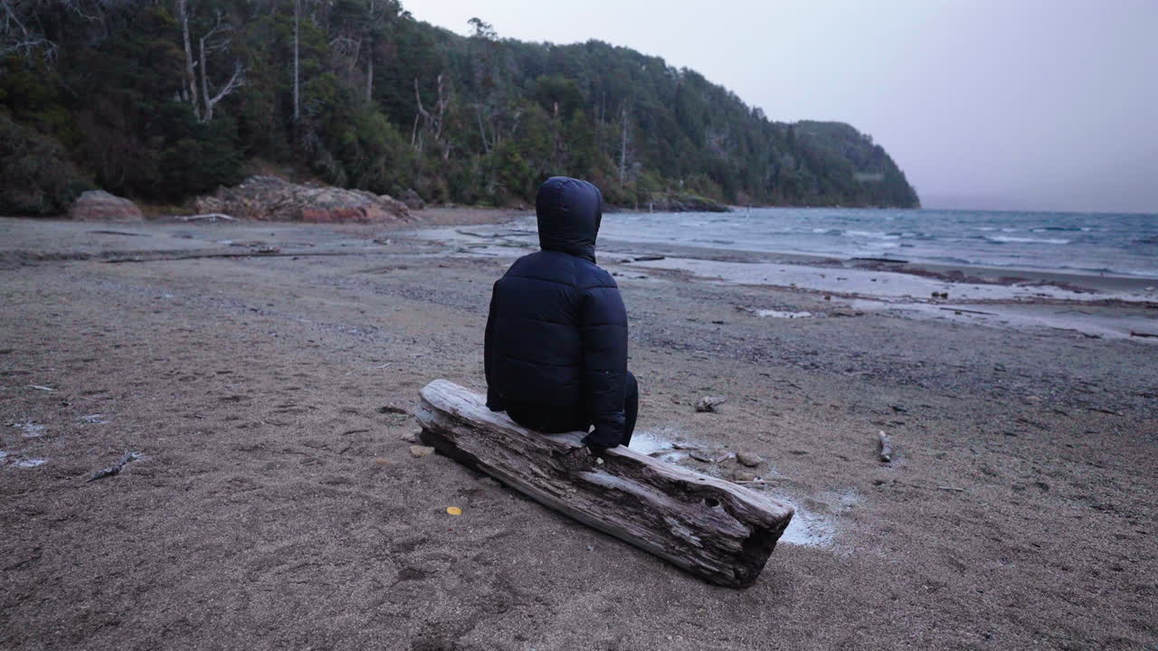 Lonely traveler embraces silence on remote lake in Patagonian Andes, mental health