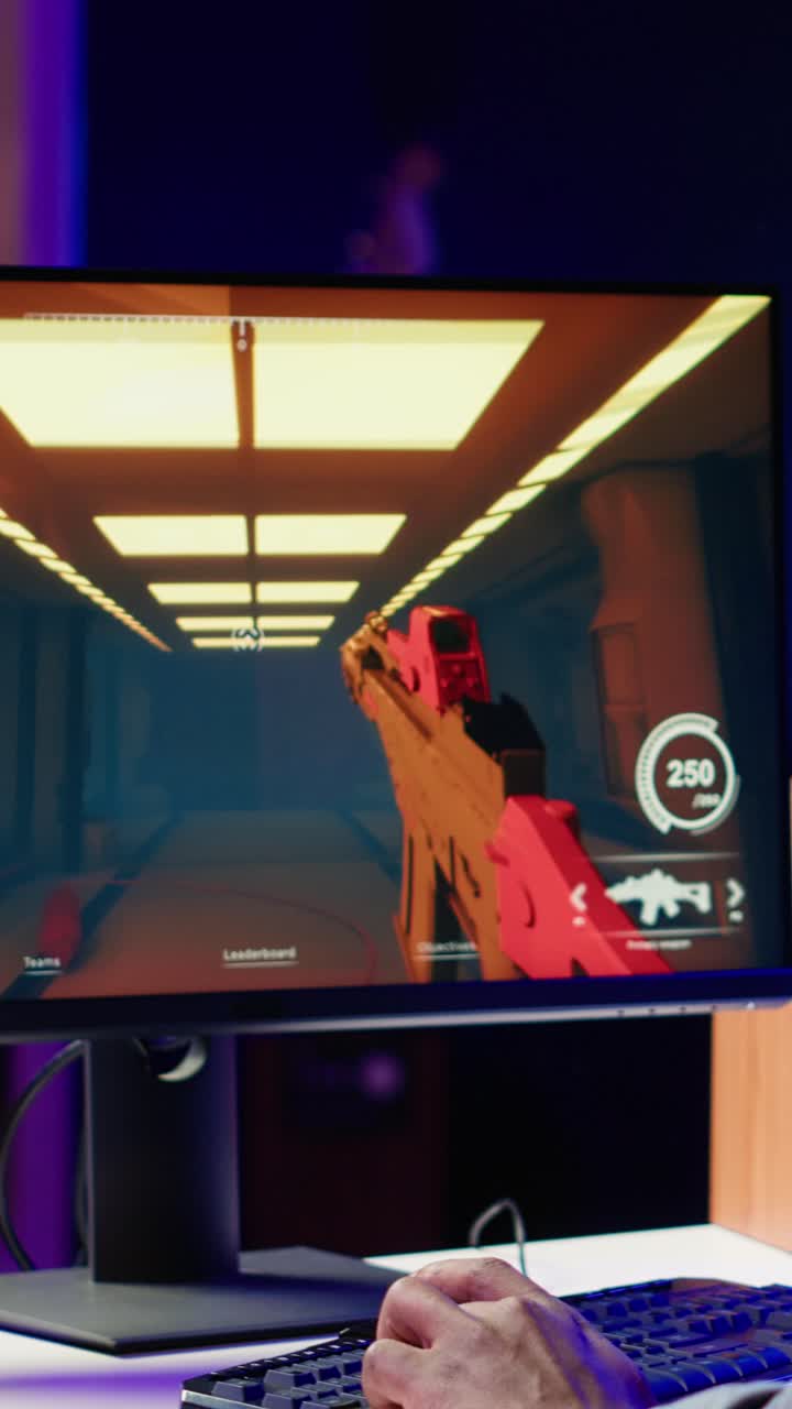 Vertical video Man arriving at home to play videogames on gaming PC at computer desk