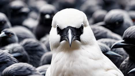 a group of black and white birds standing in a crowd