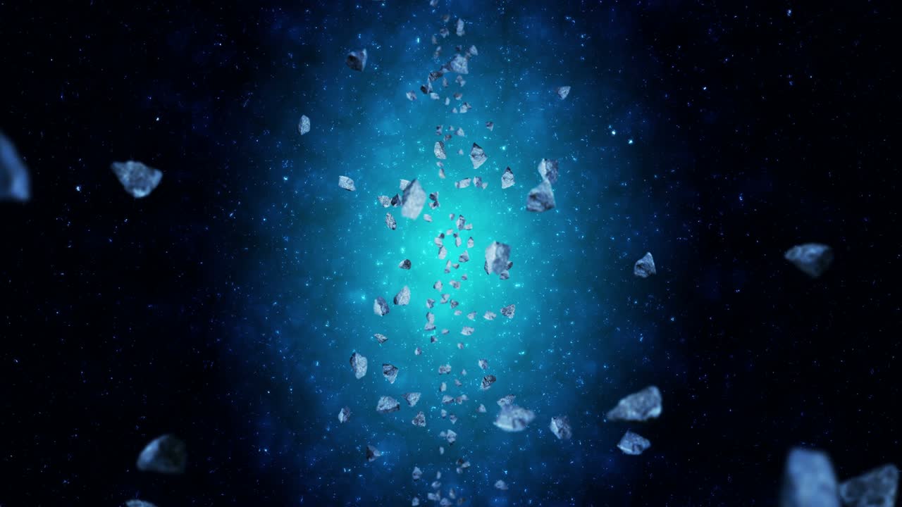 깊은 우주 배경에서 많은 소행성을 날아. 깨진 스플래시 폭발. 별빛 하늘. 돌고 있는 운석의 3d 애니메이션. 루프 애니메이션.